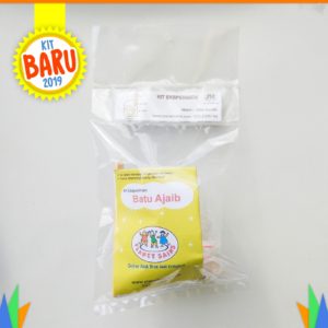 Kemana batunya? Kok bisa menghilang? Kit eksperimen batu ajaib merupakan media ajar tentang sifat benda. Ketika batu sampel direaksikan dalam bahan kimia A, akan terbentuk gelembung-gelembung gas dan lama-kelamaan batu tersebut akan habis. Hal itu karena batu sampel mengandungkapur.